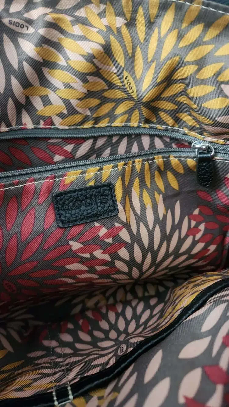 Lodis Black Pebbled Leather Shoulder Tote Bag with Floral Interior